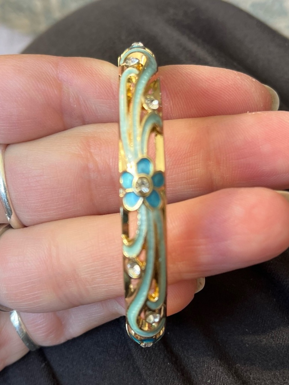 Gold-Tone Blue Enamel Floral Bangle Bracelet